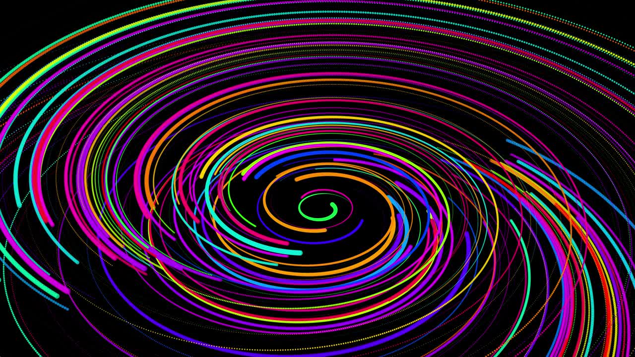 4k에서 세련된 창의적인 추상적인 배경: 회전하는 경로를 따라 회전하는 나선형으로 회전하는 색의 선; 모션 디자인: 선, 나선형 및 추상적인 구조를 형성하는 입자의 bg; 3d 렌더링