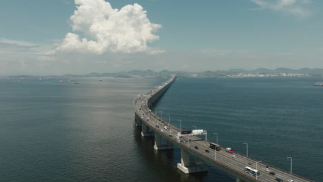 Aerial-panning-view-Rio-Niteroi-Sea-crossing-concrete-bridge-with-vehicles-in-traffic-over-Guanabara-bay