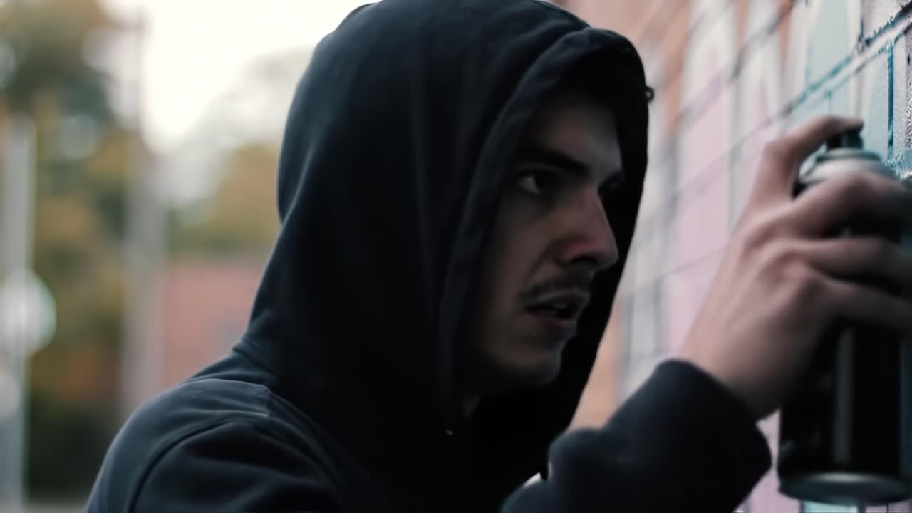 A focused artist in a hooded sweatshirt meticulously applies spray paint to a vibrant brick wall, capturing the essence of urban creativity and street art culture.