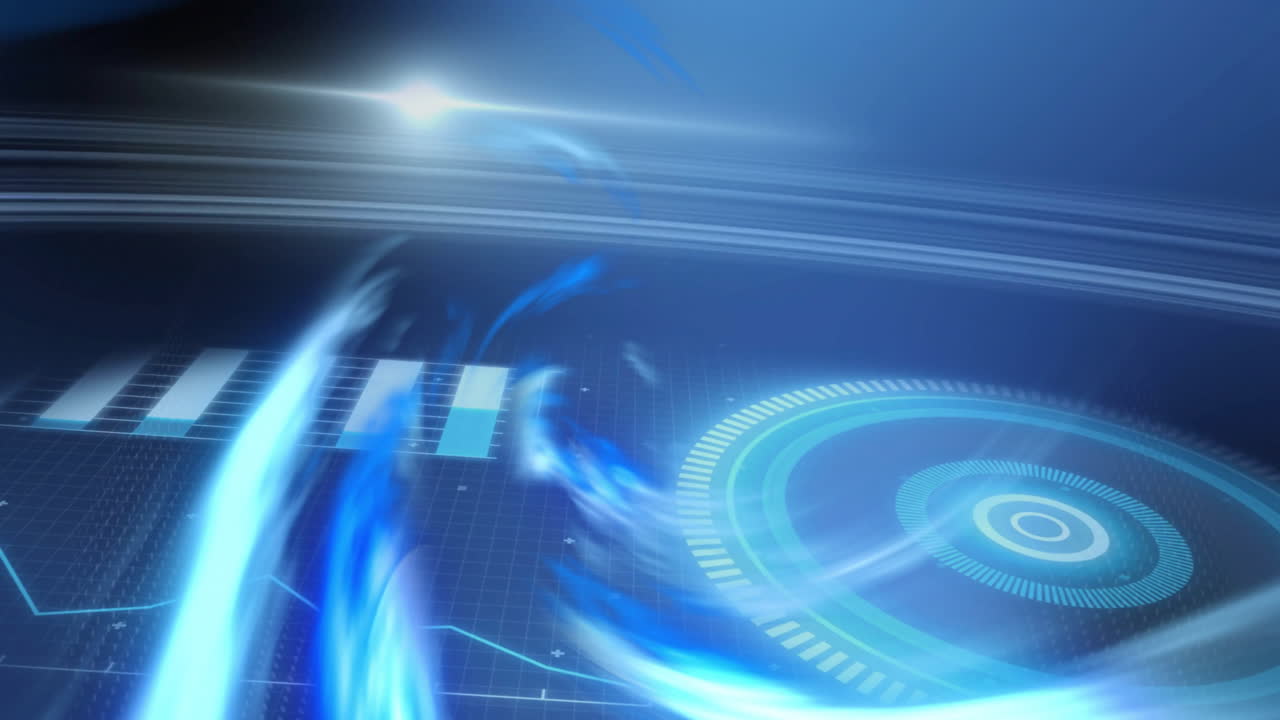 푸른 빛 트레일 배경에서 디지털 데이터 처리의 애니메이션