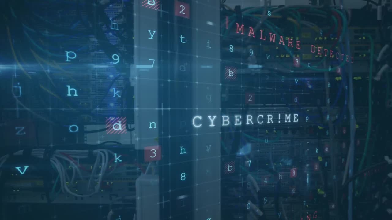 animación del texto del ataque cibernético y procesamiento de datos a través del servidor