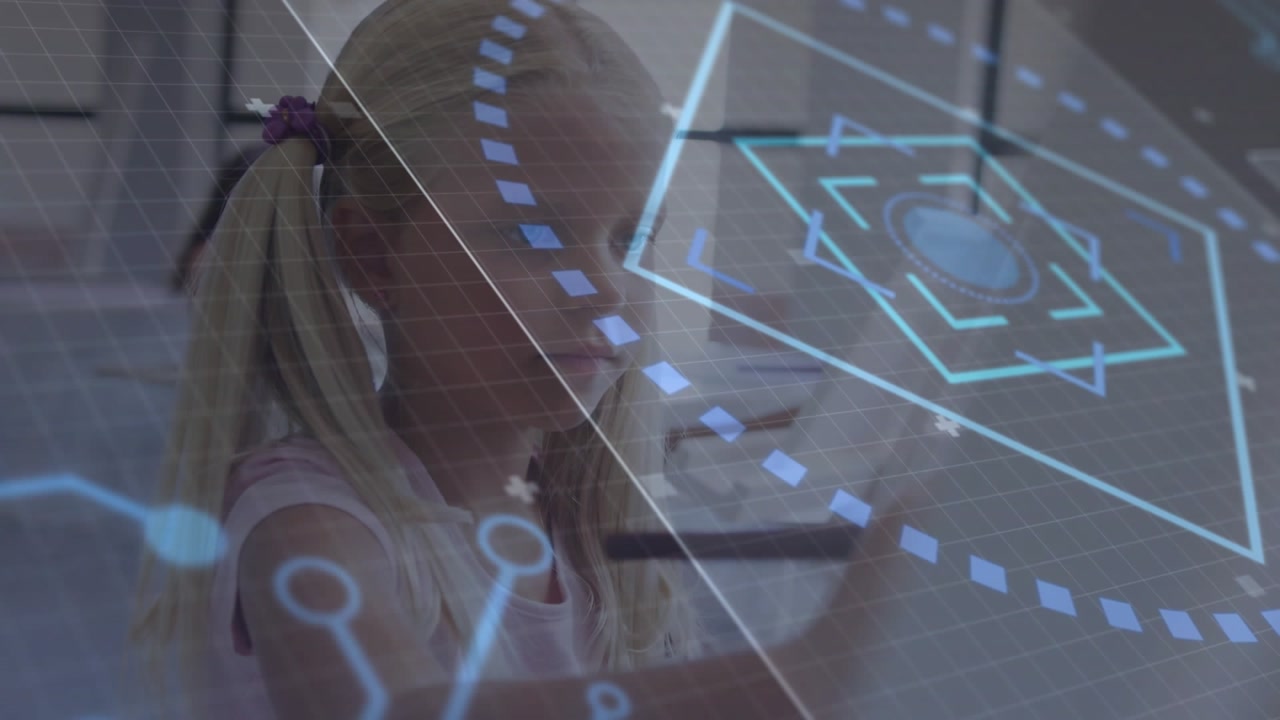 Girl tapping icon on transparent screen rotating hexagon selecting triangle in technology lab