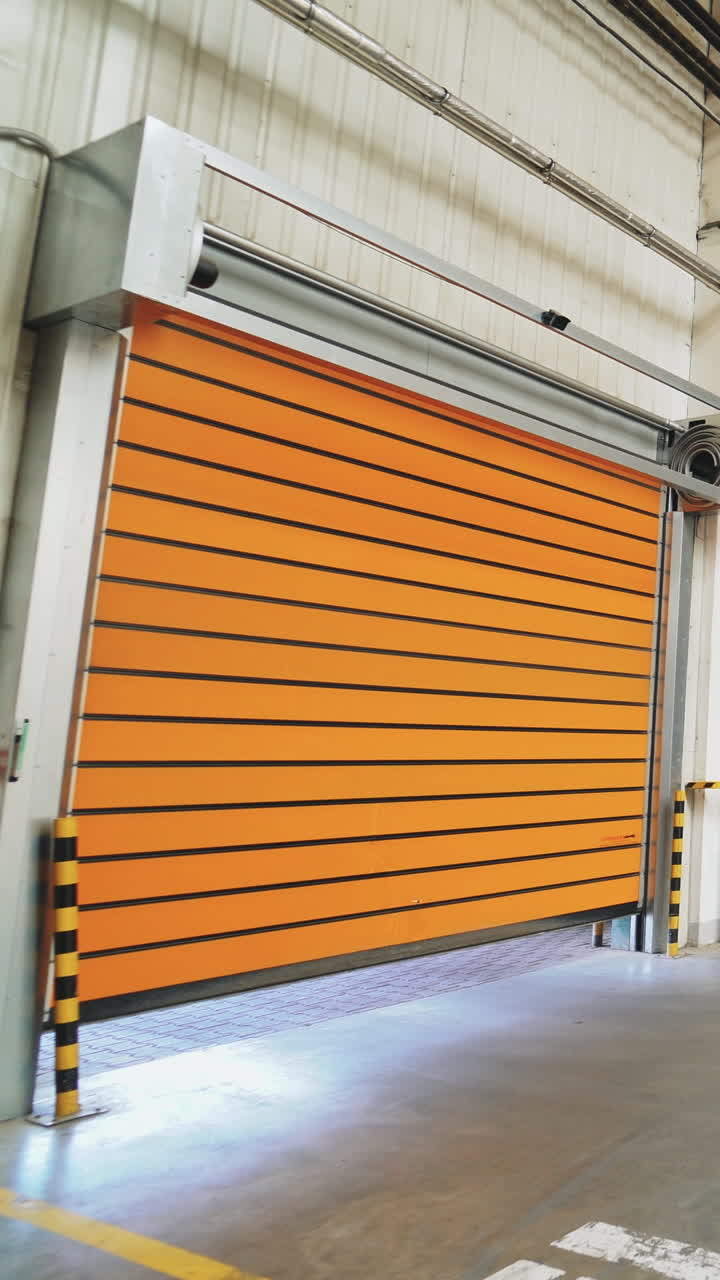Orange rolling door of the warehouse is closing. Rolettes work with the help of automation. Motion of rolling door to down Vertical video