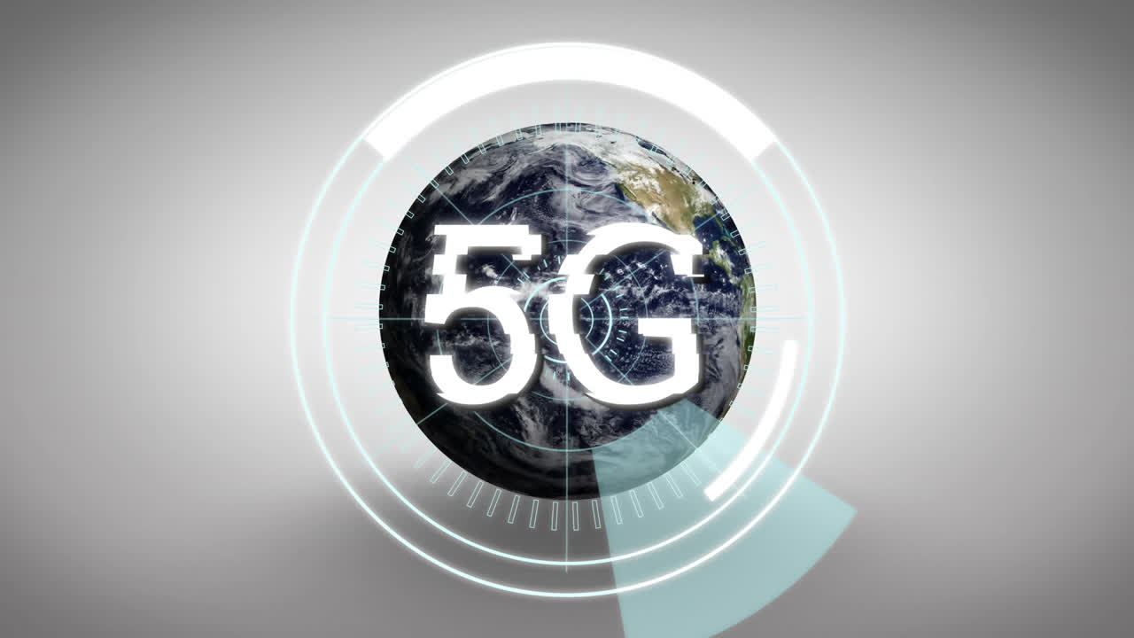 animazione di testo 5g e scansione di portata su tutto il globo