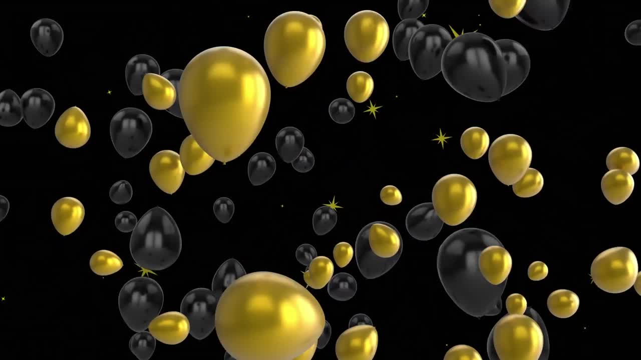 animación de globos y estrellas sobre fondo negro