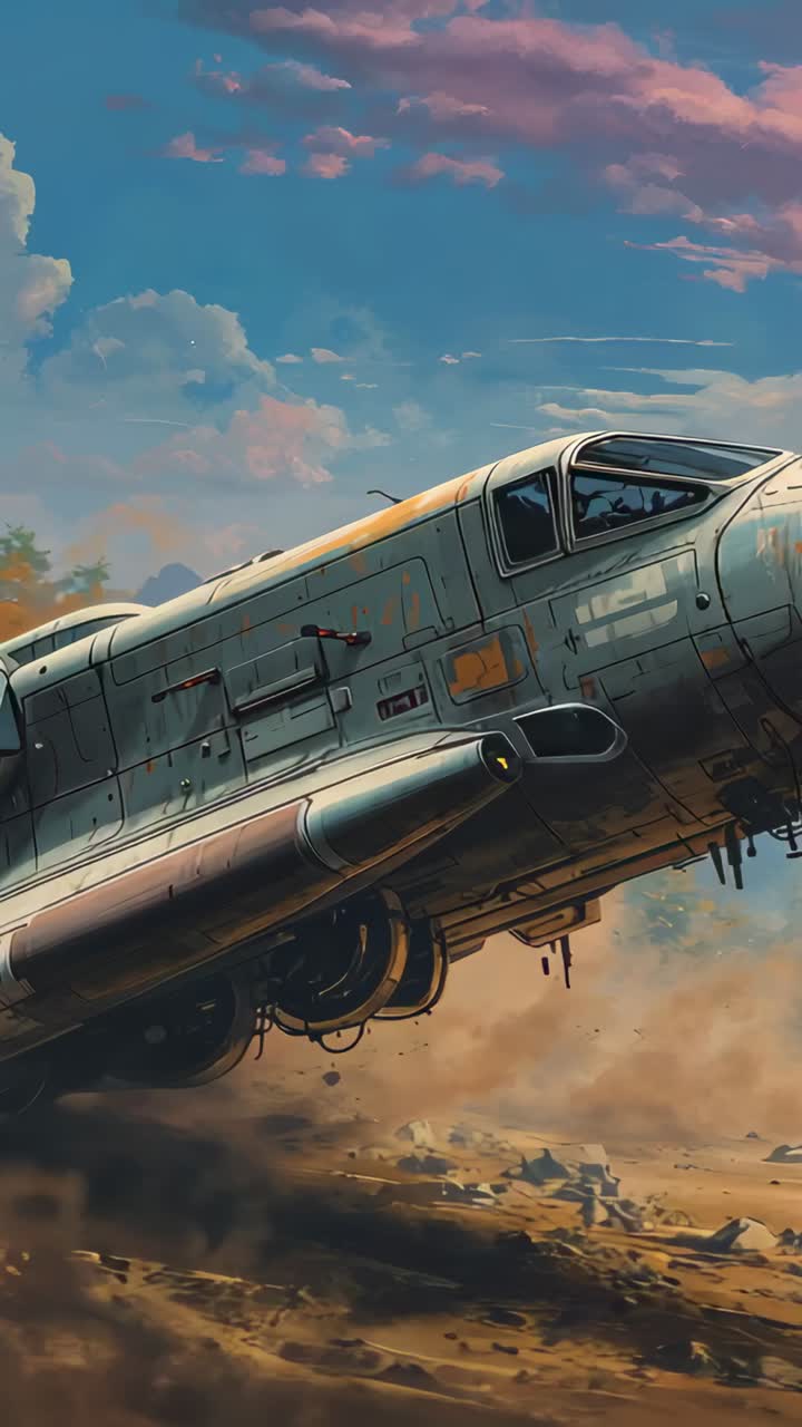 Vertical video: Roaring jets pushing worn shuttle flying low over plain kicking dust, showing belly