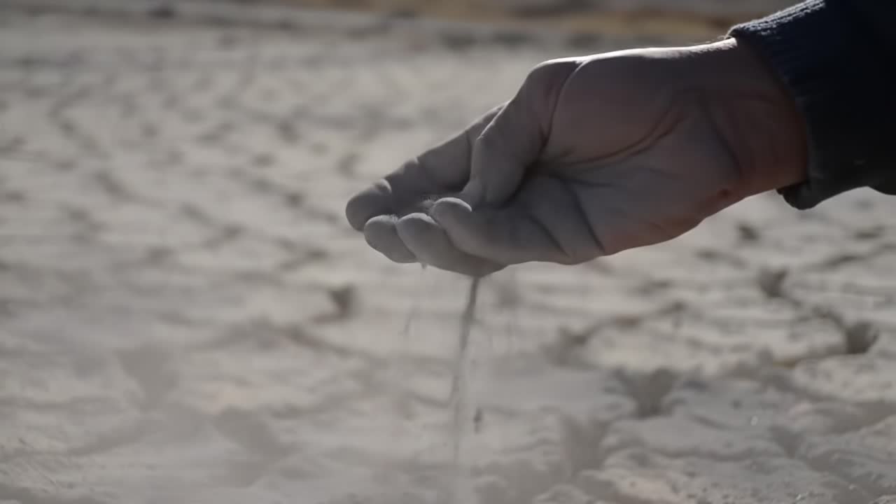 A Man's Hand Gathers Soil from an Arid Landscape, Capturing the Essence of Drought and Environmental Change in a Desolate Setting
