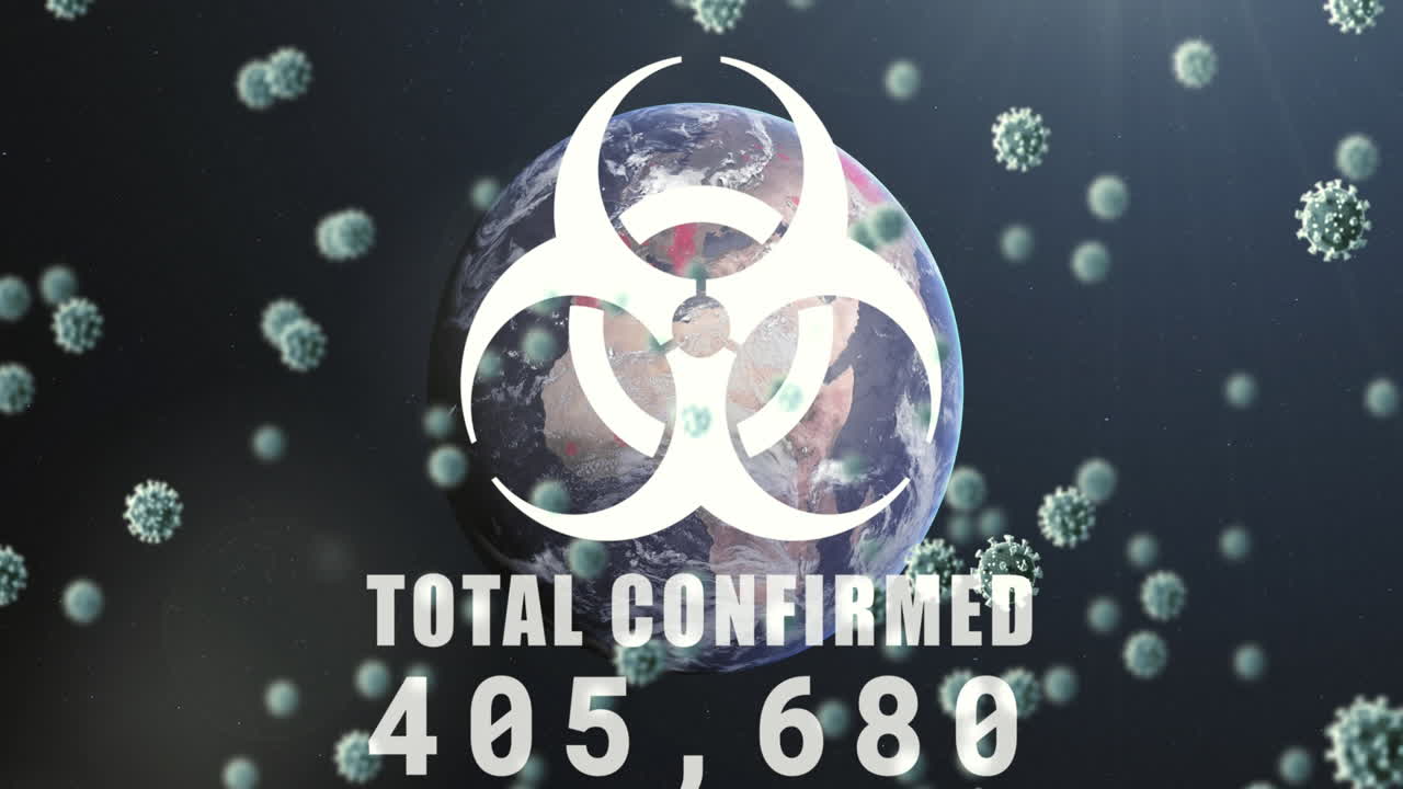 анимация вирусного знака и макроковид-19 клеток, плавающих с моделью глобуса на заднем плане