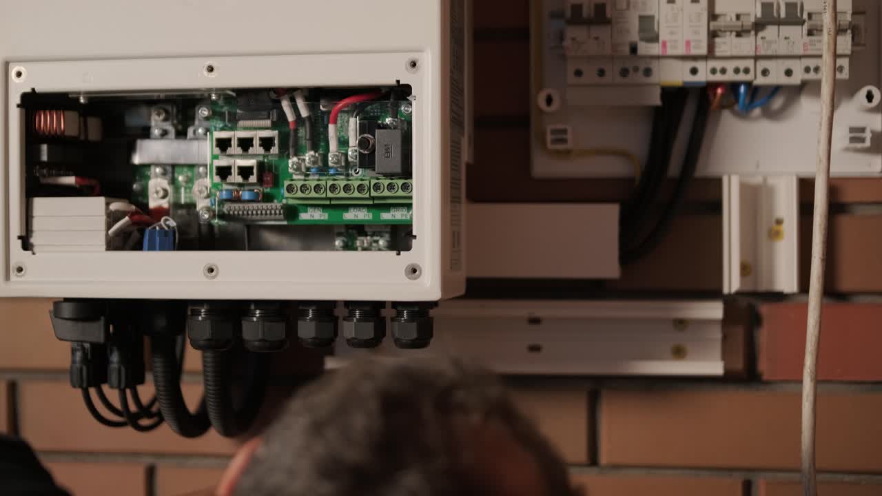 un electricista instalando un inversor en un hogar. la imagen muestra habilidad técnica, herramientas modernas y atención a la seguridad en el trabajo eléctrico