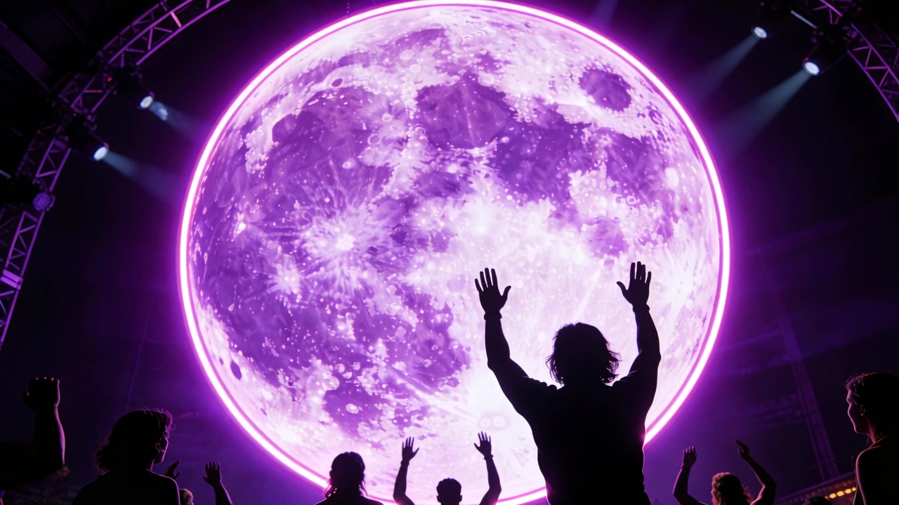 Sosok utama mengangkat tangan, bereaksi terhadap LED bulan ungu, sementara penonton mengangkat tangan serempak di sebuah konser.