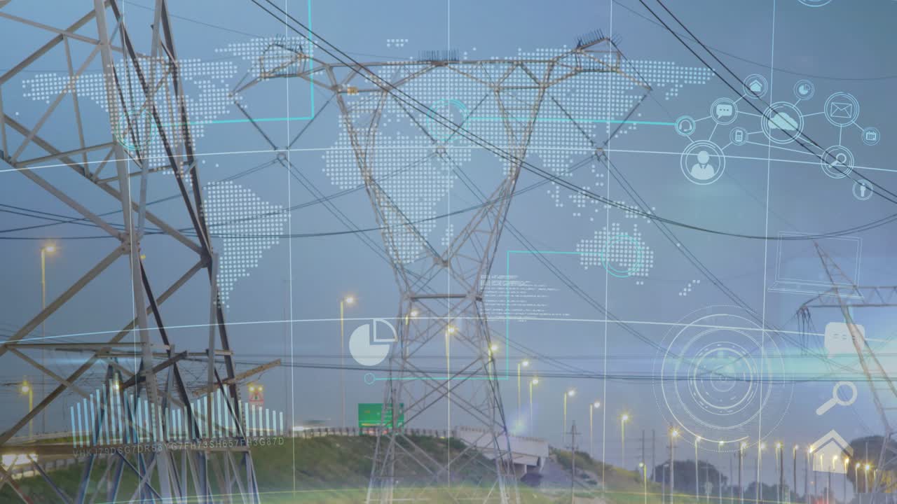 Passing headlights starting animation, central tower and overlays pulsing, showing grid status