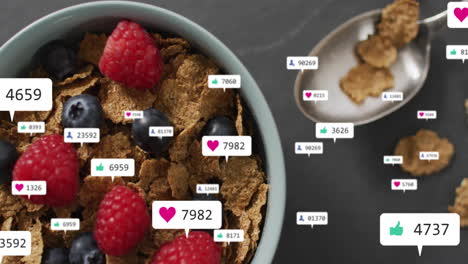 surrounded by social media icons, bowl of cereal with berries on table