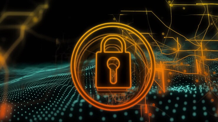Lock and key symbol animation over digital network and data points