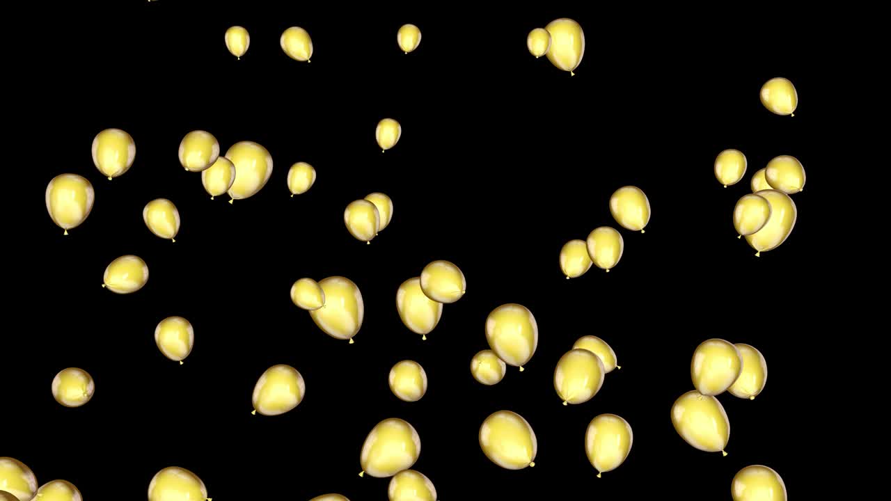 밝은 헬 풍선이 끝없이 날아갑니다. 고립된 배경에 노란색 현실적인 공이 많이 있습니다.