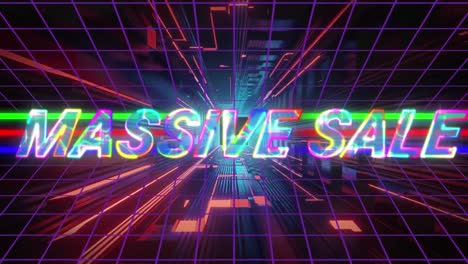 animation of illuminated massive sale text over grid pattern against futuristic tunnel in background