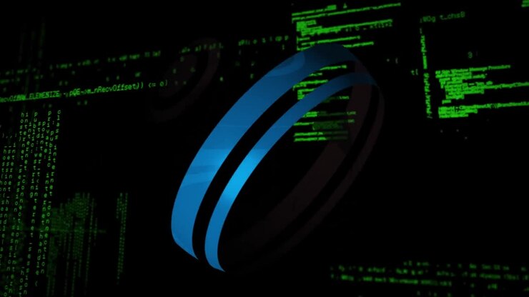 Animation of sphere with blue circles spinning against data processing on digital interface