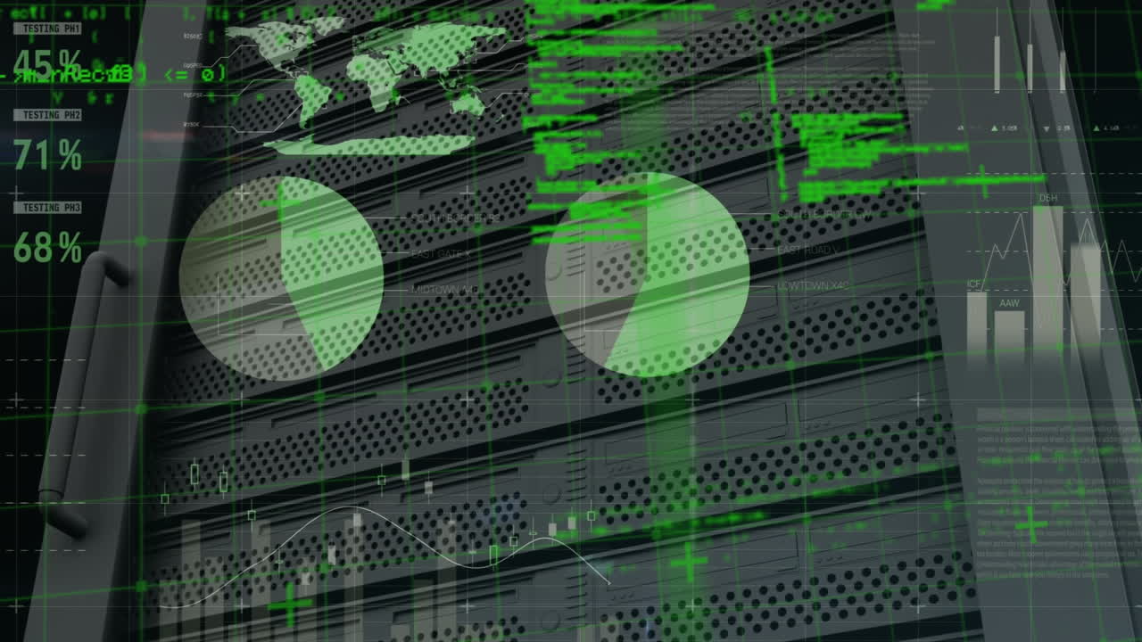 animación del procesamiento de datos y diagramas sobre la sala del servidor
