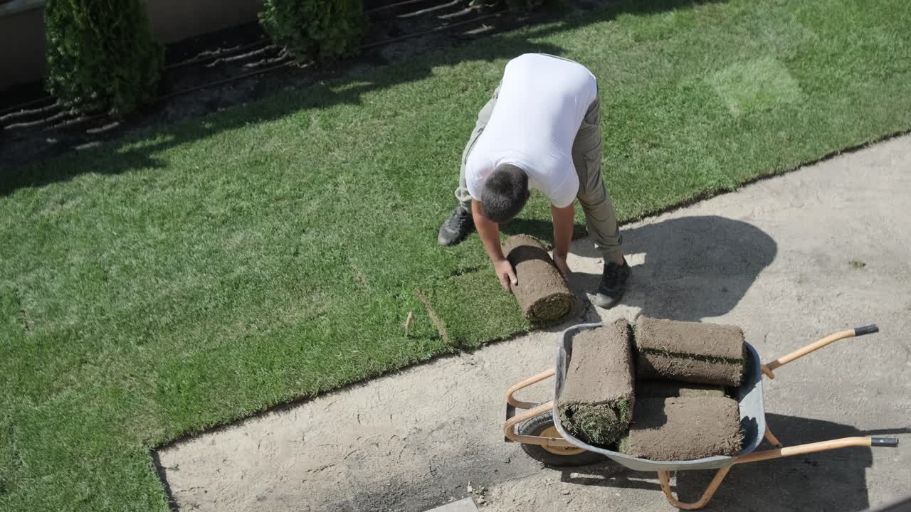 jardinero colocando un rollo de césped natural