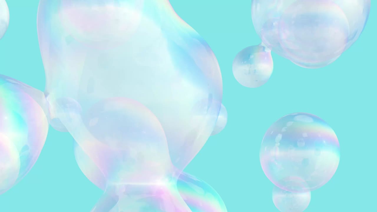 Abstract holographic floating liquid blobs, soap bubbles background.