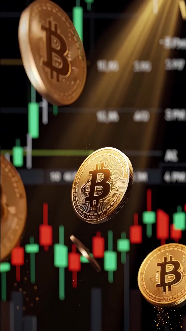 Moedas de Bitcoin douradas com fundo de gráfico de velas desfocado 4K