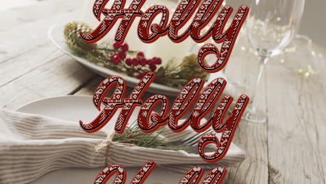 animación de saludos de navidad texto sobre mesa de navidad y decoraciones.