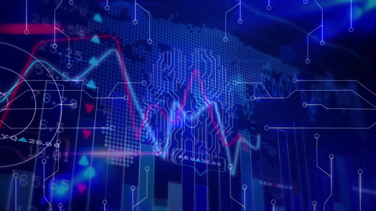 Un'evidenziazione circolare che fa oscillare grafici bicolore, nodi di collegamento che pulsano con tracce che mostrano le tendenze.