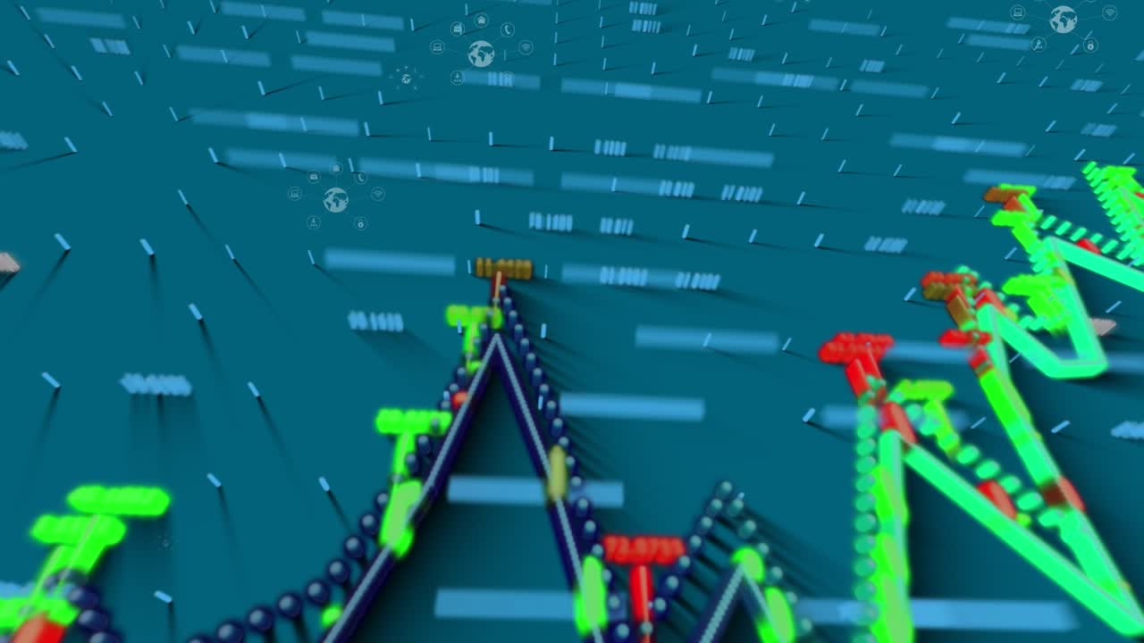 Animation of icons over data processing on blue background