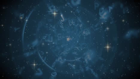 Animation of christmas stars rising over smoke and letters on black background