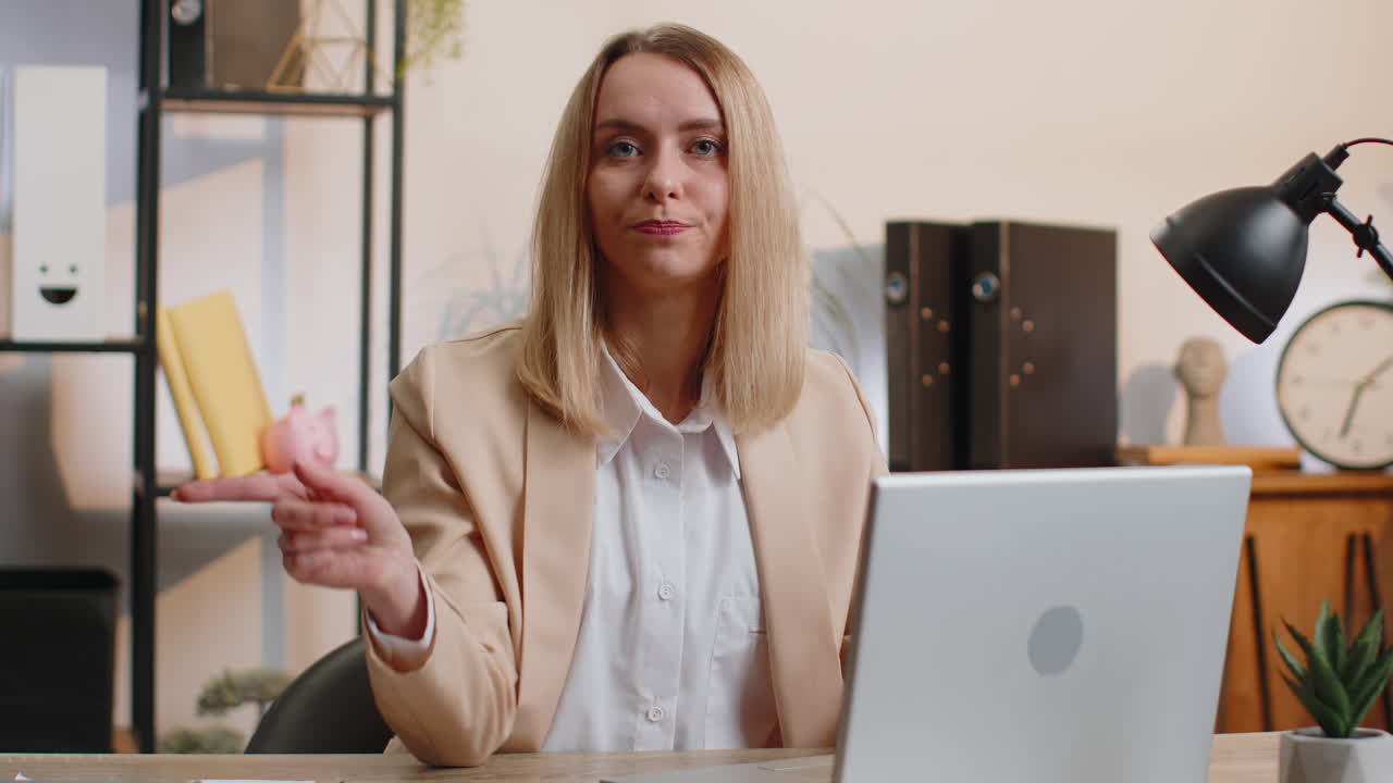 Business woman working on laptop shakes finger saying no be careful giving advice to avoid mistake