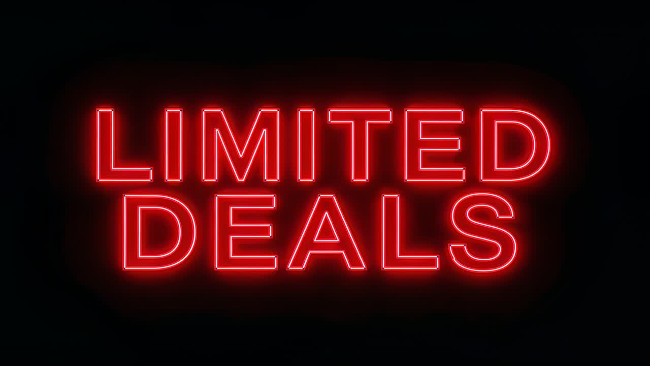 Playing sequence showing red neon sign reading LIMITED DEALS glowing on dark panel promoting sale
