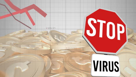 animation of stop virus sign and red lines descending over american dollar coins