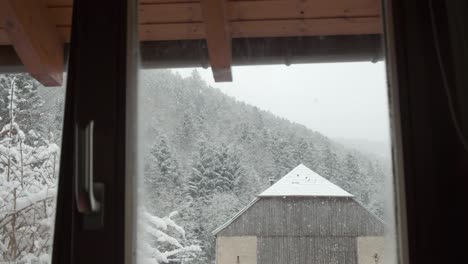 snow falling through window with background forest and barn in winter