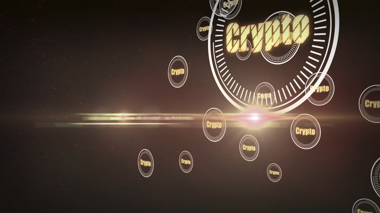 갈색 배경에 움직이는 암호화폐 기호의 애니메이션