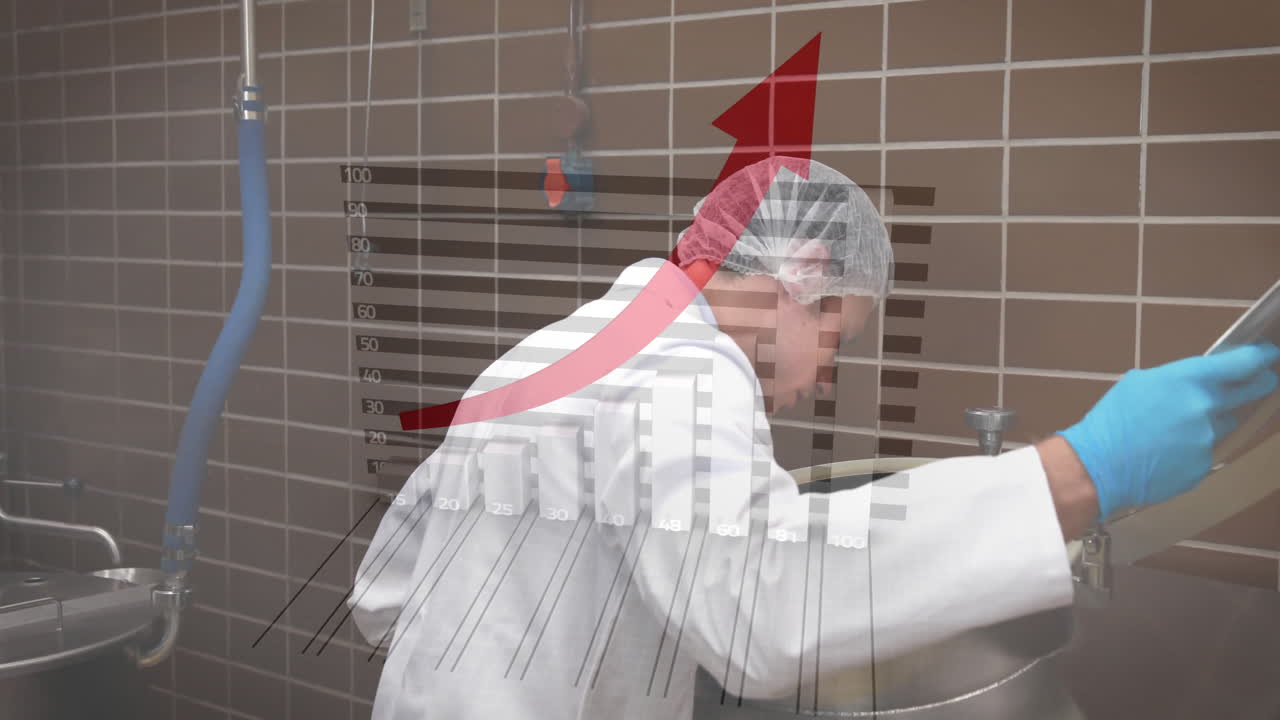 Scientist in lab coat working with equipment, overlaid with rising graph animation