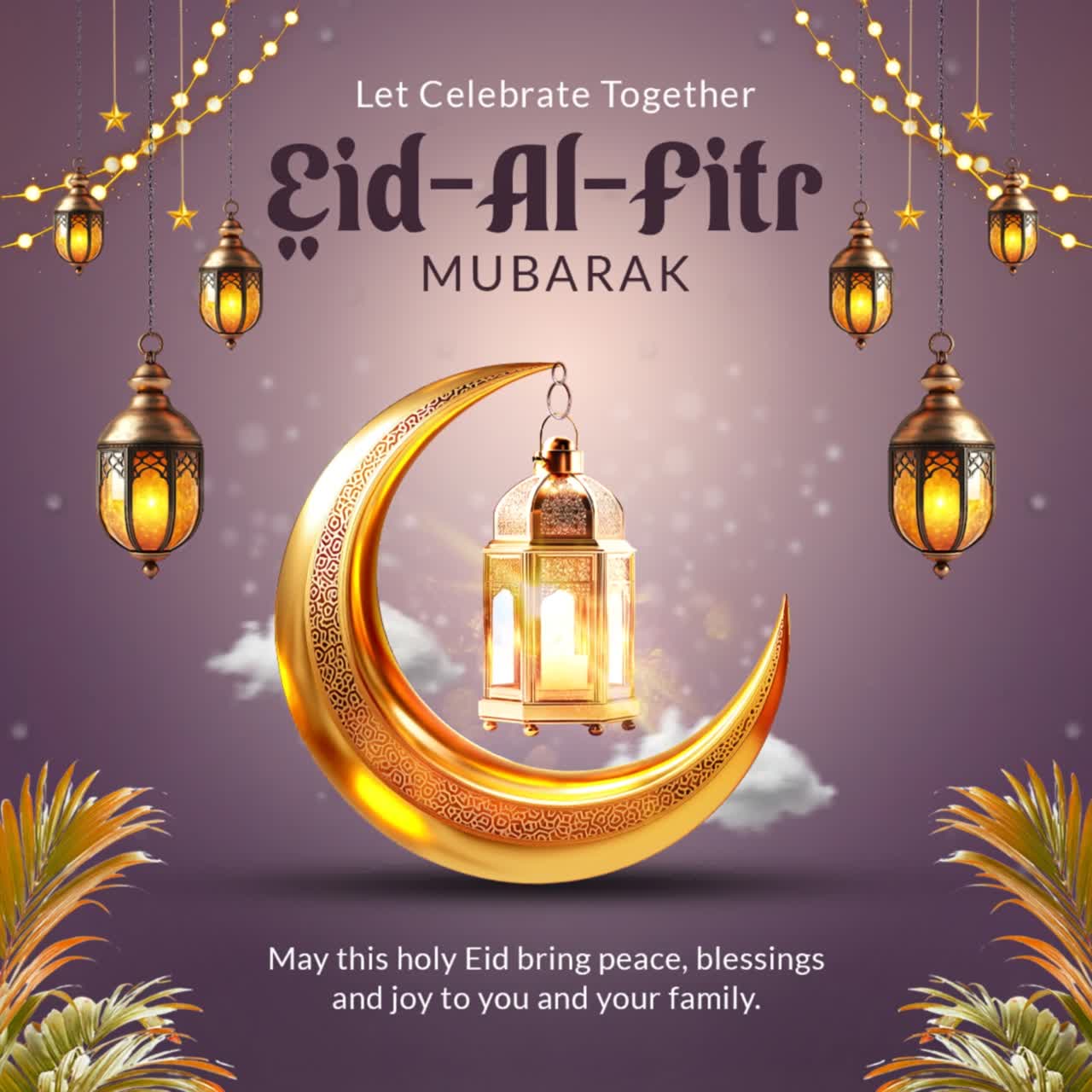 Luna crescente dorata che sorregge una lanterna luminosa con luci pendenti, per celebrare Eid Al Fitr Mubarak su un delicato sfondo festivo pastello.