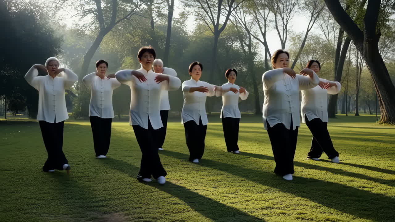 Group of Seniors Practicing Tai Chi in a Park