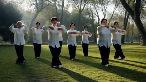 group of seniors practicing tai chi in a park