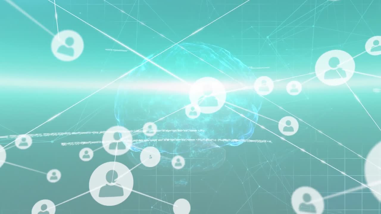 파란색 배경에 데이터 처리 및 디지털 뇌를 통해 연결 네트워크의 애니메이션