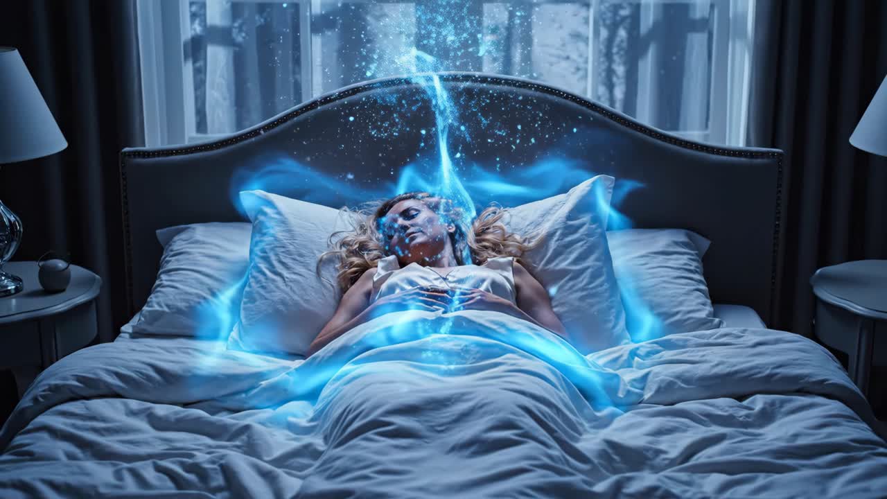 Woman sleeping peacefully in bed with spiritual energy