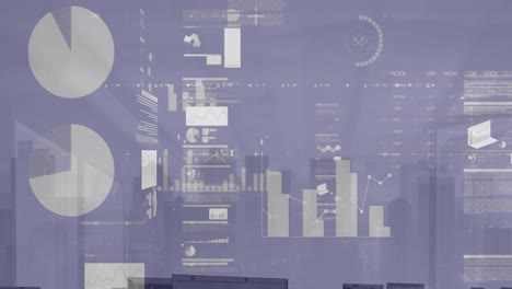 animación de pantallas con procesamiento de datos estadísticos frente a una vista aérea del paisaje urbano