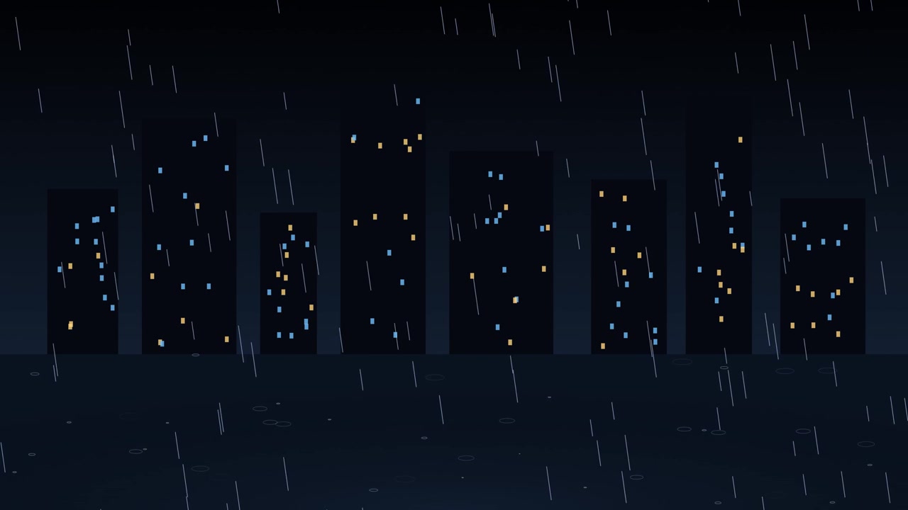 Skyline di una città animato di notte durante un temporale