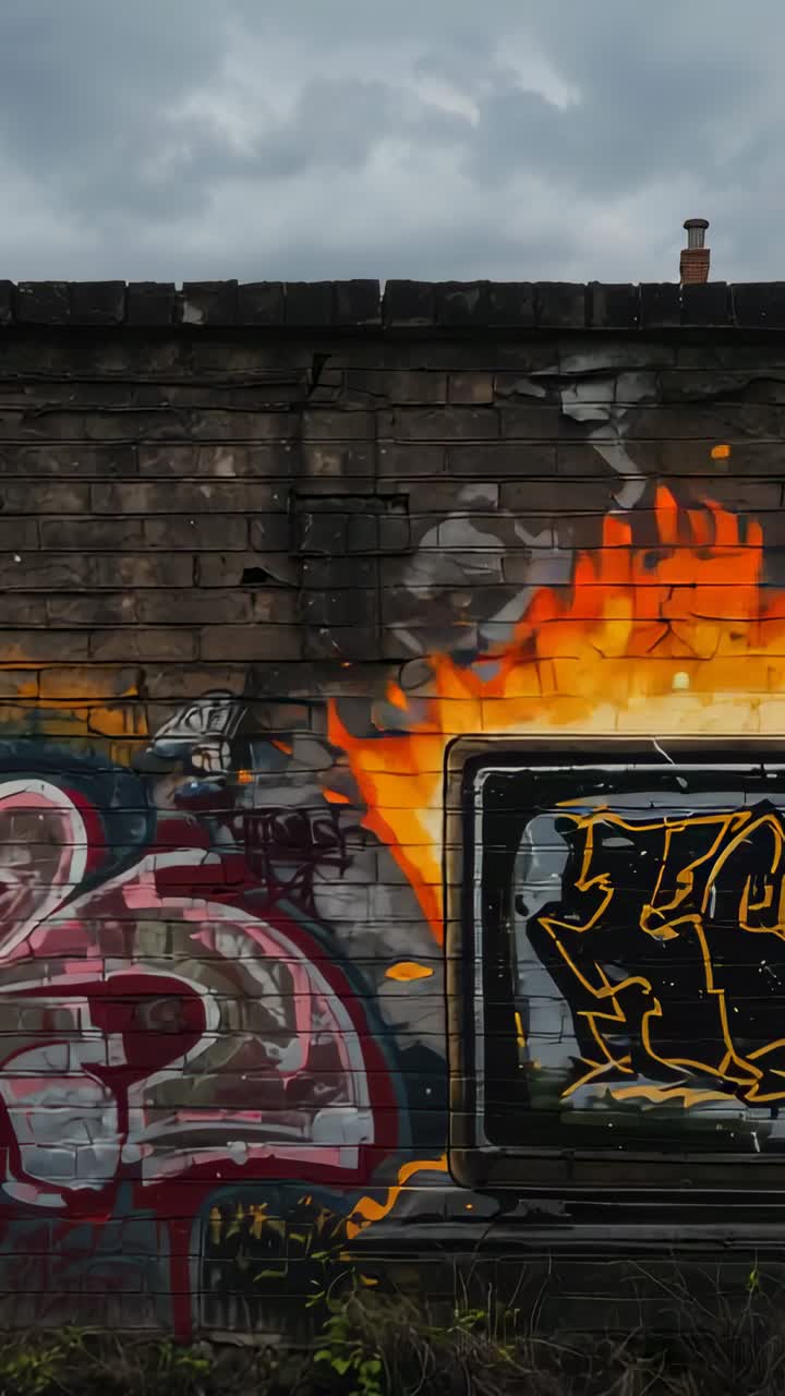 Video verticale: Graffiti TV che riprende fiamme pulsanti su un muro di mattoni sotto un cielo nuvoloso