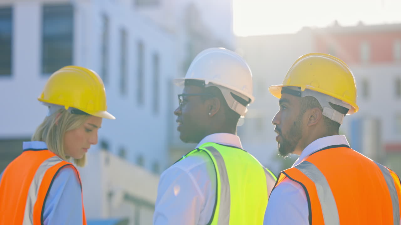 Back, teamwork or architects on construction site
