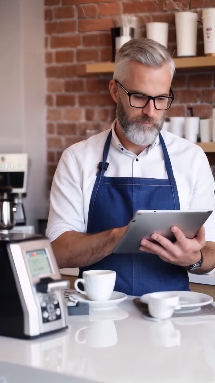 Cafeteria owner in blue apron using a tablet. Small business.