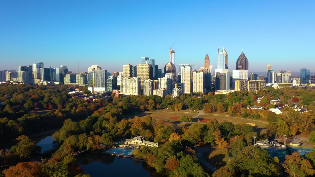 Zooming out from downtown Atlanta Georgia and Piedmont Park in the Fall colors