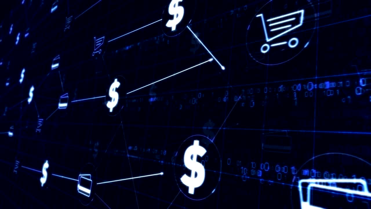 백그라운드 루프에서 서버 방에 디지털 마케팅 및 온라인 쇼핑 상징