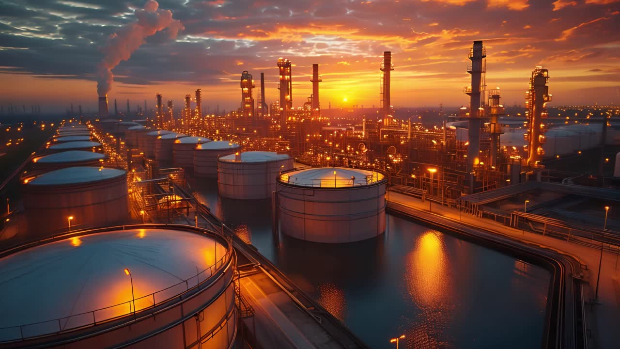 Industrial Oil Refinery at Sunset