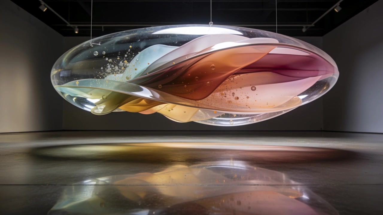 Escultura de vidro suspensa girando em cabos em uma galeria, revelando fitas magenta e laranja.