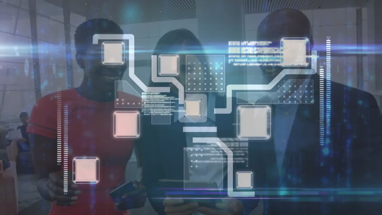 Three colleagues tapping devices and initiating holographic network diagram for business analytics