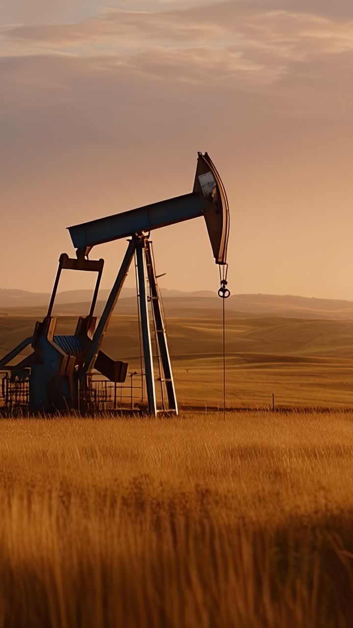Sunset Over Oil Pumpjack in Field: A Tranquil Scene Highlighting Energy Extraction Amidst Nature's Beauty with Golden Grass and Scenic Horizon
